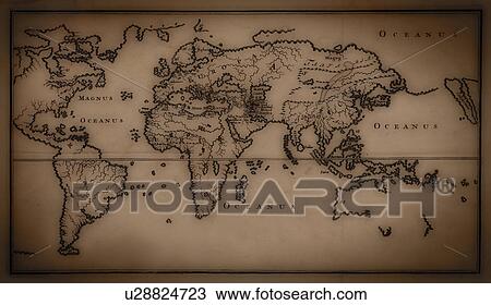 Stock Image - Close up of antique world map. Fotosearch