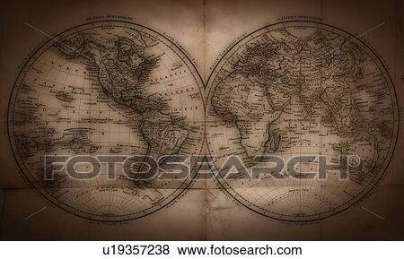 Stock Photo - Close up of antique world map . Fotosearch