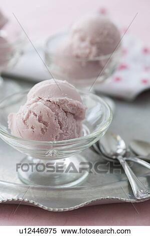 Stock Photography - Close up of ice cream dessert on silver tray. Fotosearch