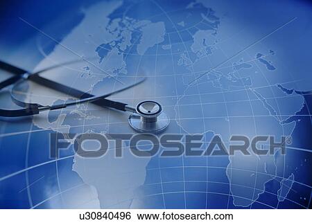 Stock Photograph - Close up of stethoscope with world map in background. Fotosearch