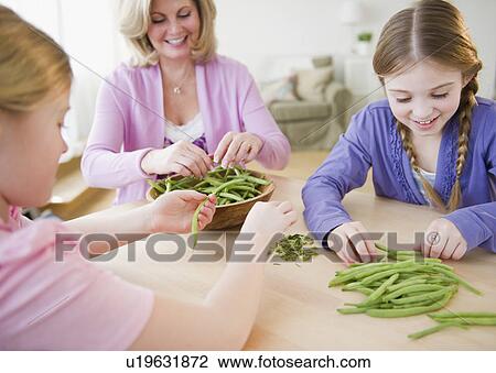 Mother and daughters (8-11) husking vegetables View Large Photo Image Stock Image - Mother and daughters (8-11) husking vegetables. Fotosearch