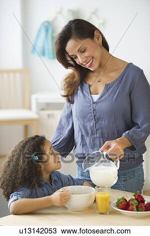 Mother pouring milk for daughter (6-7) during breakfast View Large Photo Image Stock Image - Mother pouring milk for daughter (6-7) during breakfast. Fotosearch