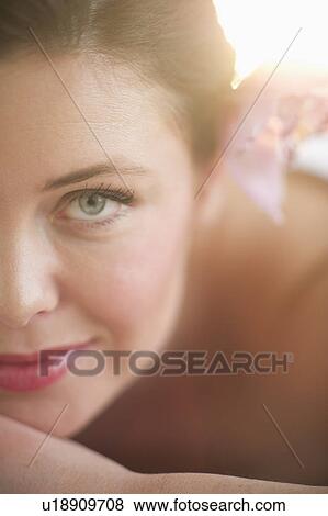 Portrait of woman receiving spa treatment View Large Photo Image Stock Photo - Portrait of woman receiving spa treatment. Fotosearch