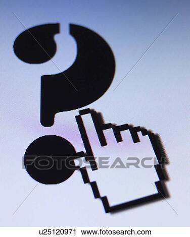 Stock Image - Studio shot of hand cursor on question mark. Fotosearch
