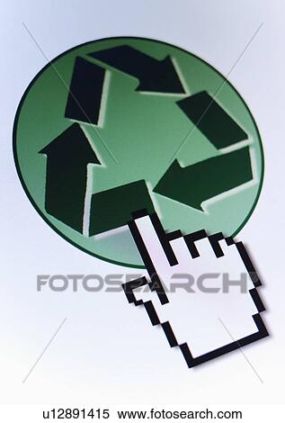 Stock Photography - Studio shot of hand cursor on recycling icon. Fotosearch