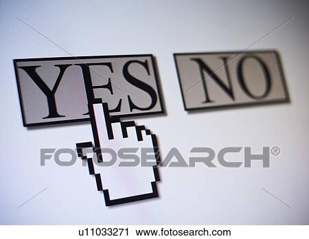 Stock Image - Studio shot of hand cursor on yes button. Fotosearch