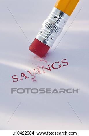 Picture - Studio shot of pencil erasing the word savings from piece of paper. Fotosearch