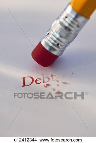 Picture - Studio shot of pencil erasing the word debt from piece of paper. Fotosearch