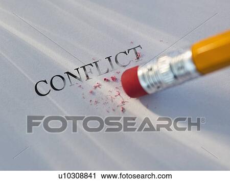 Stock Image - Studio shot of pencil erasing the word conflict from piece of paper. Fotosearch