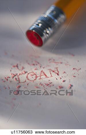 Stock Image - Studio shot of pencil erasing the word loan from piece of paper. Fotosearch