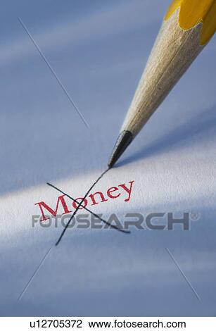 Stock Image - Studio shot of pencil erasing the word money from piece of paper. Fotosearch