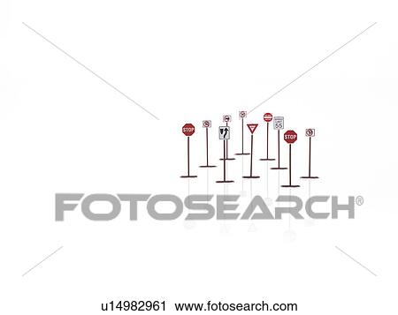 Stock Image - Studio shot of toy road signs. Fotosearch