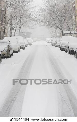 USA, New York City, snowy street with rows of parked cars View Large Photo Image Picture - USA, New York City, snowy street with rows of parked cars. Fotosearch