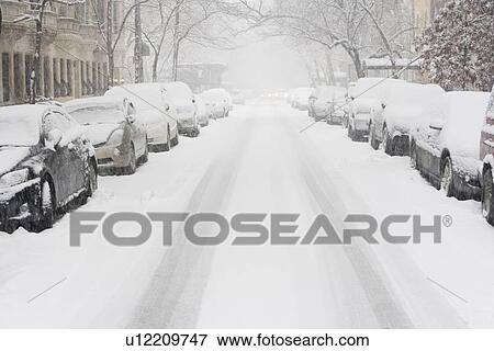USA, New York City, snowy street with rows of parked cars View Large Photo Image Stock Photo - USA, New York City, snowy street with rows of parked cars. Fotosearch