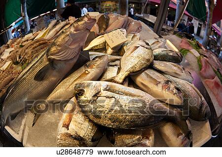 Stock Photo - Fish market at Rialto Bridge: close up of display, with motion blur of vendor packaging fish, and shoppers in background, Venice, Northern Italy. Fotosearch