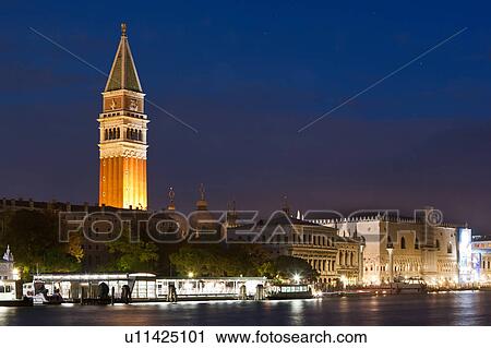 Night view of Grand Canal with Campanile, Basilica of San Marco and Doge's Palace lit up against blue starry twilight sky, autumn in Venice, Northern Italy View Large Photo Image Stock Image - Night view of Grand Canal with Campanile, Basilica of San Marco and Doge's Palace lit up against blue starry twilight sky, autumn in Venice, Northern Italy. Fotosearch