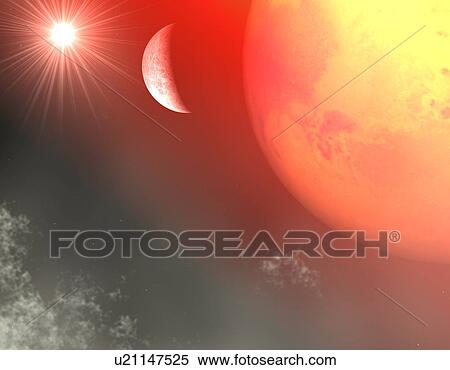 Stock Photography - Alien planet and its moon, artwork. Fotosearch