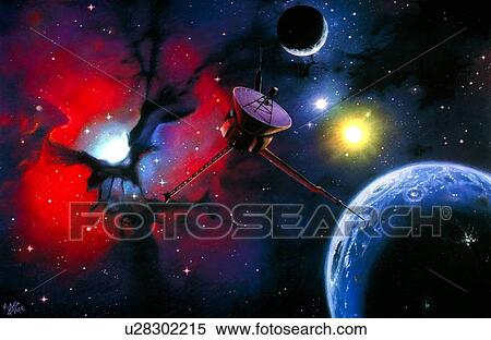 Artwork of a space probe approaching Trifid nebula View Large Photo Image Stock Photography - Artwork of a space probe approaching Trifid nebula. Fotosearch