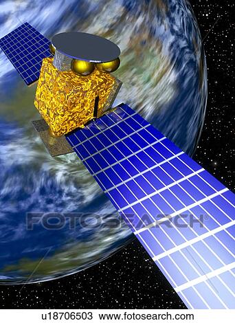 Stock Image - Computer art of communication satellite over Earth. Fotosearch