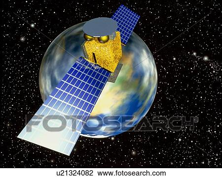 Stock Image - Computer art of communication satellite over Earth. Fotosearch