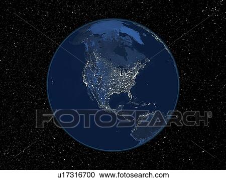Stock Image - North America at night, satellite image. Fotosearch