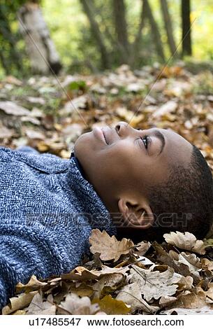 Smiling boy lying on autumn leaves View Large Photo Image Stock Photo - Smiling boy lying on autumn leaves. Fotosearch