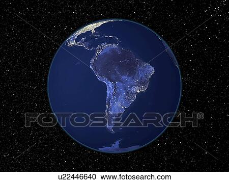 Stock Image - South America at night, satellite image. Fotosearch