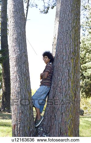 Stock Photograph - Teenager leaning against a tree. Fotosearch