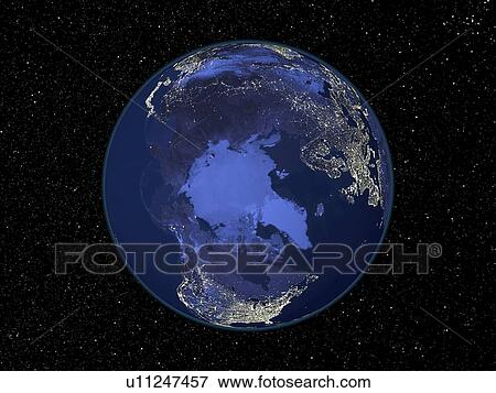 Stock Photo - The Arctic at night, satellite image. Fotosearch