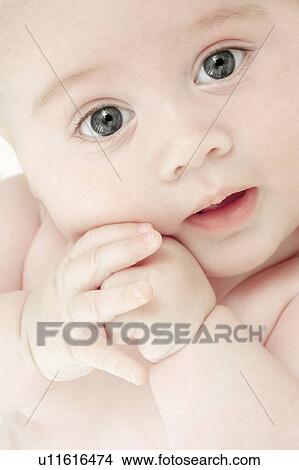 Picture - Baby's face and hands. Fotosearch