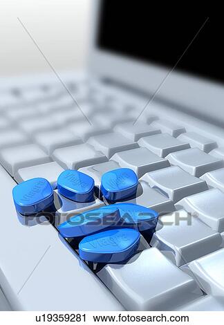 Stock Image - Blue pills on computer, illustration. Fotosearch
