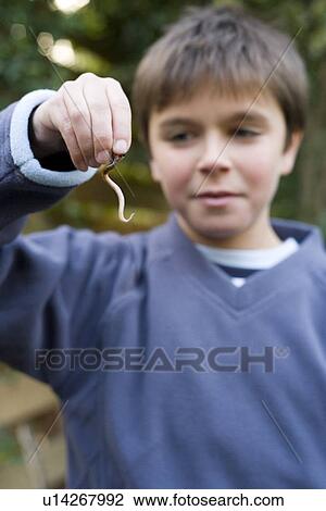 Stock Image - Boy holding an earthworm. Fotosearch