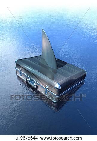 Picture - Briefcase with a shark fin, illustration. Fotosearch