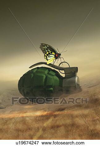 Stock Photo - Butterfly on a hand grenade, illustration. Fotosearch