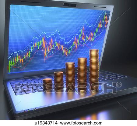 Picture - Charts and coins on laptop, illustration. Fotosearch