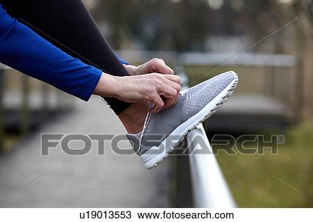Cropped side view of woman leg raised on railings tying shoelace View Large Photo Image Stock Image - Cropped side view of woman leg raised on railings tying shoelace. Fotosearch