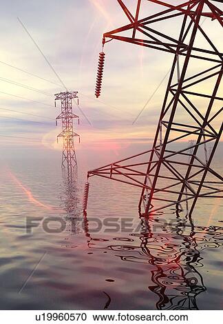 Stock Image - Electricity pylons in water, illustration. Fotosearch