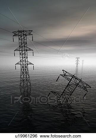 Stock Photograph - Electricity pylons in water, illustration. Fotosearch