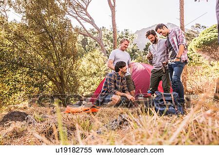 Four male friends chatting in forest camp, Deer Park, Cape Town, South Africa View Large Photo Image Stock Photography - Four male friends chatting in forest camp, Deer Park, Cape Town, South Africa. Fotosearch