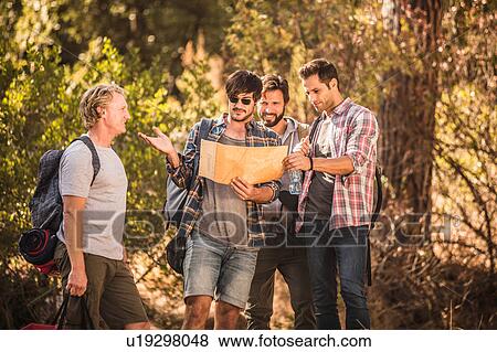 Four male hikers map reading in forest, Deer Park, Cape Town, South Africa View Large Photo Image Stock Photo - Four male hikers map reading in forest, Deer Park, Cape Town, South Africa. Fotosearch