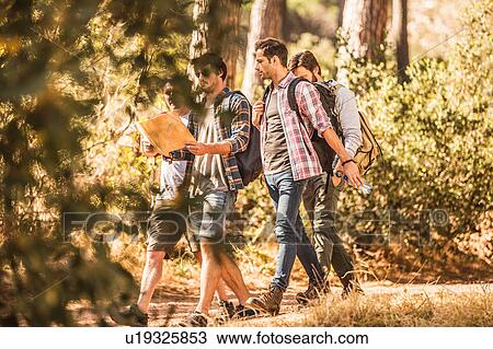 Four male hikers reading map whilst hiking in forest, Deer Park, Cape Town, South Africa View Large Photo Image Stock Image - Four male hikers reading map whilst hiking in forest, Deer Park, Cape Town, South Africa. Fotosearch