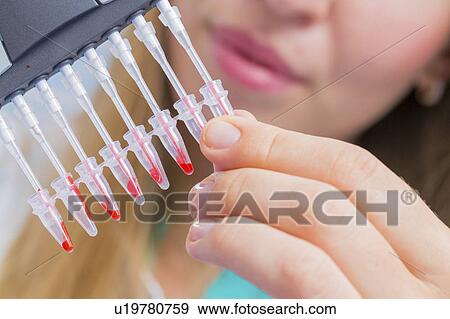 Stock Photo - Lab assistant holding micro tubes. Fotosearch