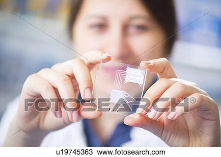 Stock Image - Lab technician holding a lab on a chip. Fotosearch