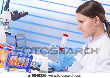 Lab technician holding test tube in lab View Large Photo Image Stock Photograph - Lab technician holding test tube in lab. Fotosearch