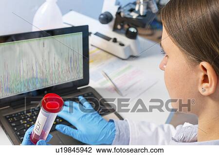 Stock Image - Lab technician using laptop. Fotosearch