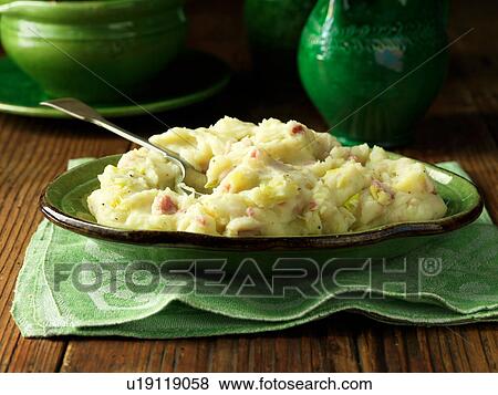 Stock Photo - Leek and bacon mashed potato in bowl. Fotosearch