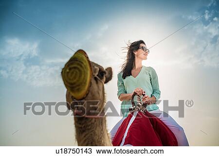 Low angle view of female tourist riding camel in desert, Dubai, United Arab Emirates View Large Photo Image Stock Image - Low angle view of female tourist riding camel in desert, Dubai, United Arab Emirates. Fotosearch