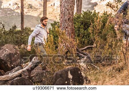 Stock Image - Male hiker hiking on forest rock formation, Deer Park, Cape Town, South Africa. Fotosearch