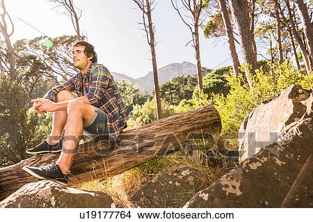 Picture - Male hiker sitting on fallen tree in forest, Deer Park, Cape Town, South Africa. Fotosearch