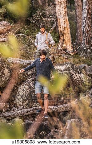 Male hikers hiking down forest rock formation, Deer Park, Cape Town, South Africa View Large Photo Image Stock Photo - Male hikers hiking down forest rock formation, Deer Park, Cape Town, South Africa. Fotosearch